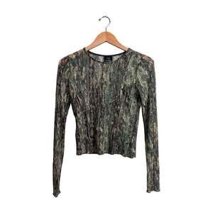 Women’s Camo Sheer Mesh Long Sleeve Top Y2K Grunge Green Brown S
